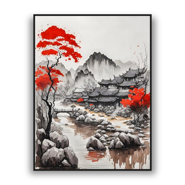 Oriental landscape wall art with red trees and luxury wall decor style