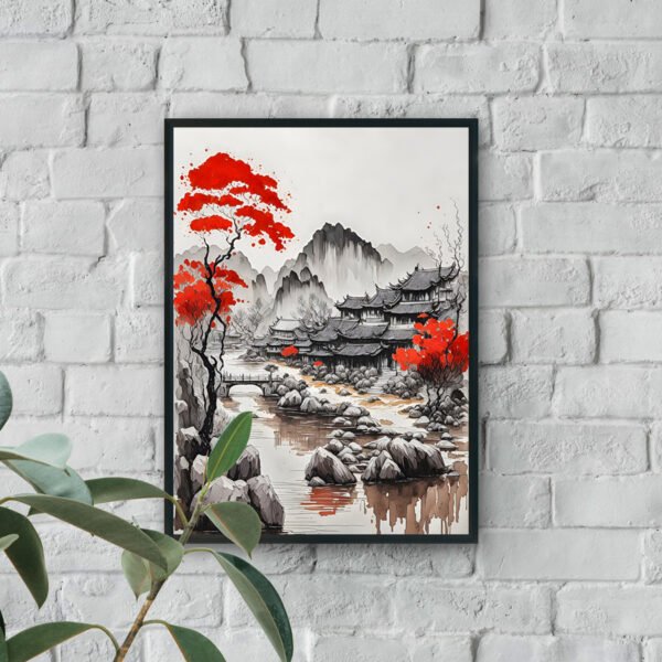 Oriental landscape wall art with red trees and luxury wall decor style
