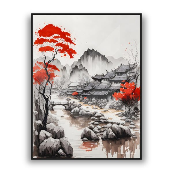 Modern wall art with red trees and oriental pavilion landscape luxury wall decor