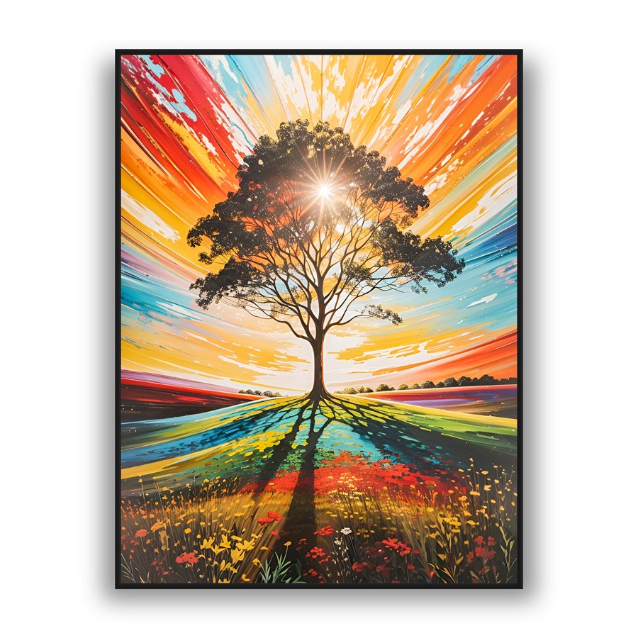 Colorful tree abstract wall art with radiant sunburst luxury wall decor style