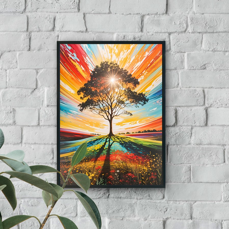 Colorful tree abstract wall art with radiant sunburst luxury wall decor style