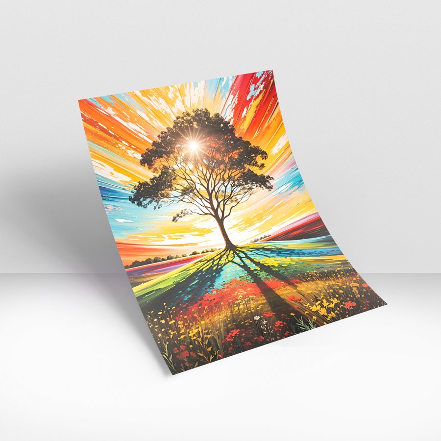 Colorful tree abstract wall art with radiant sunburst luxury wall decor style