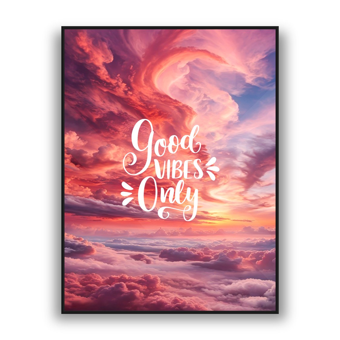 Sunset sky wall art with Good Vibes Only text luxury wall decor style