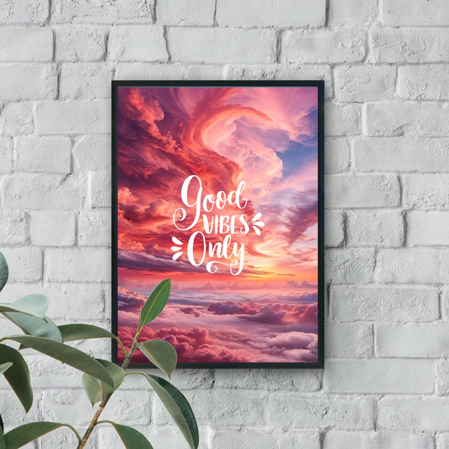 Sunset sky wall art with Good Vibes Only text luxury wall decor style