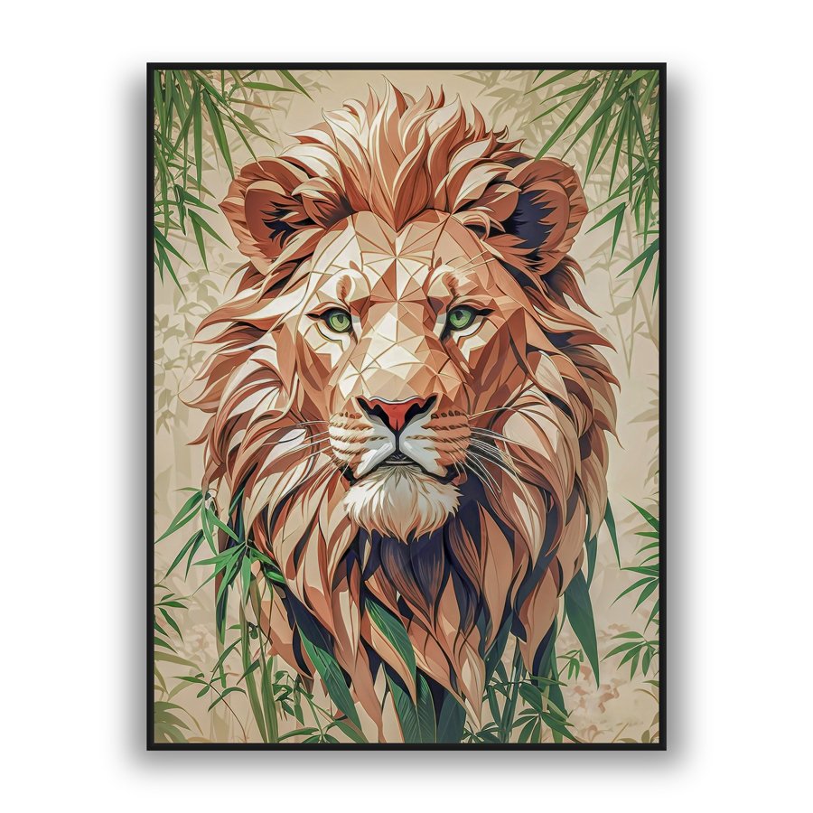 Geometric lion modern wall art with green eyes and luxury wall decor style