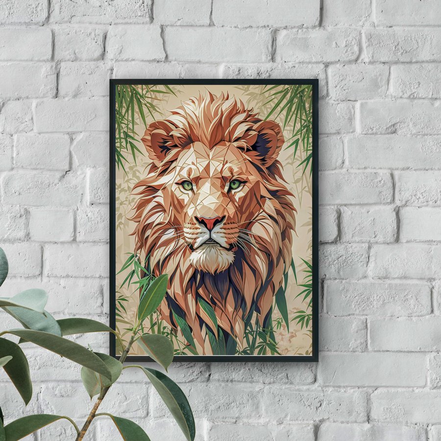 Geometric lion modern wall art with green eyes and luxury wall decor style