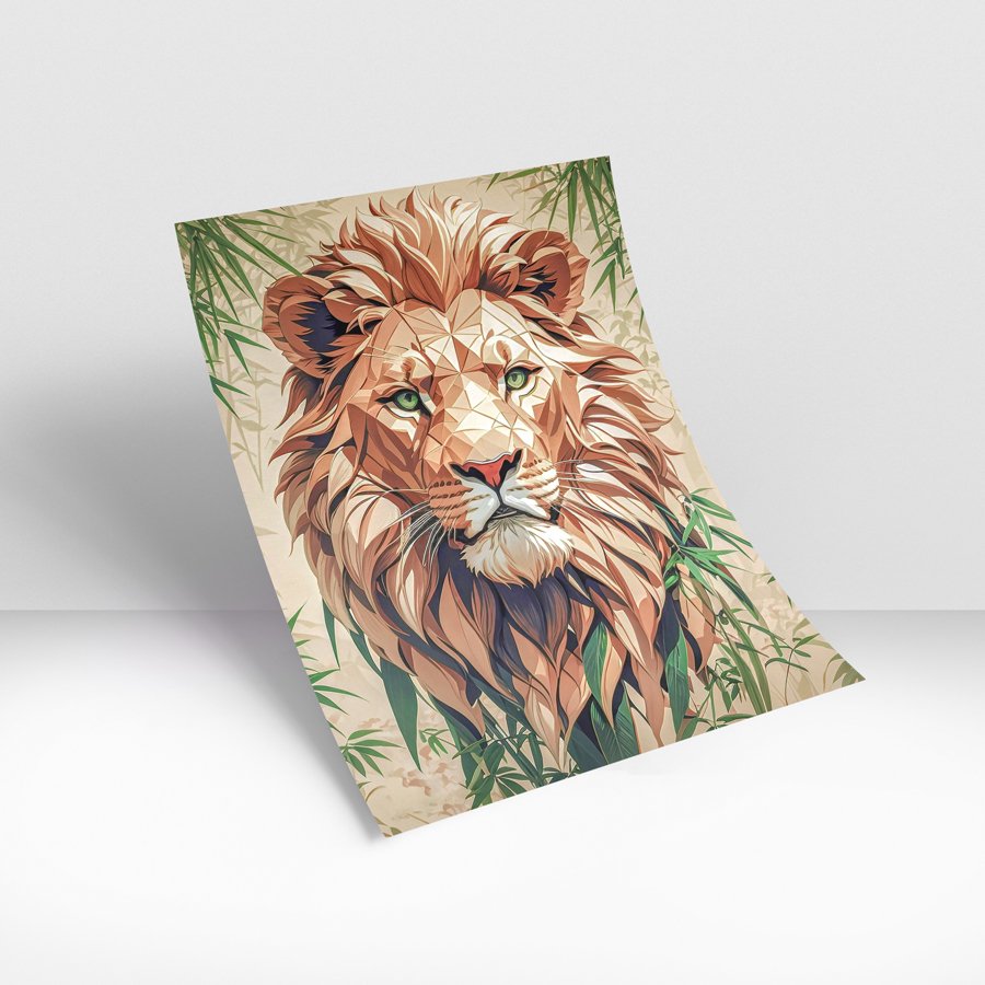 Geometric lion modern wall art with green eyes and luxury wall decor style