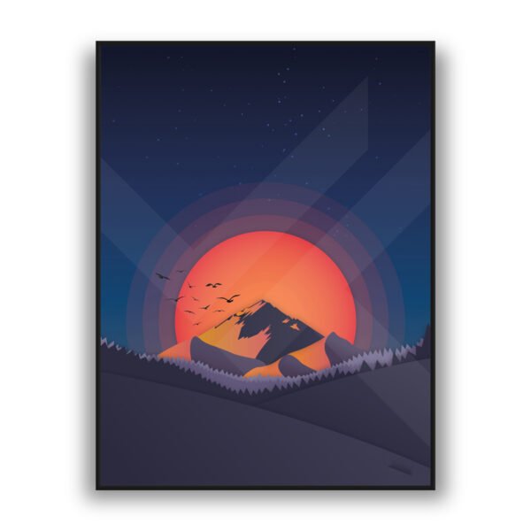 Minimalist mountain sunset modern wall art with radiant sun luxury wall decor style