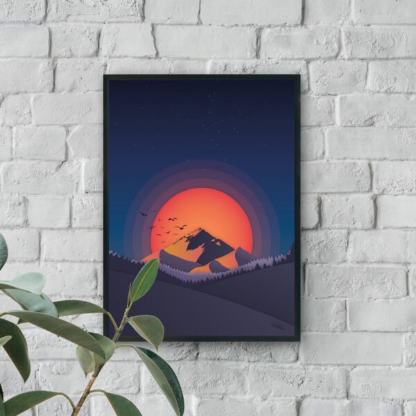 Minimalist mountain sunset modern wall art with radiant sun luxury wall decor style