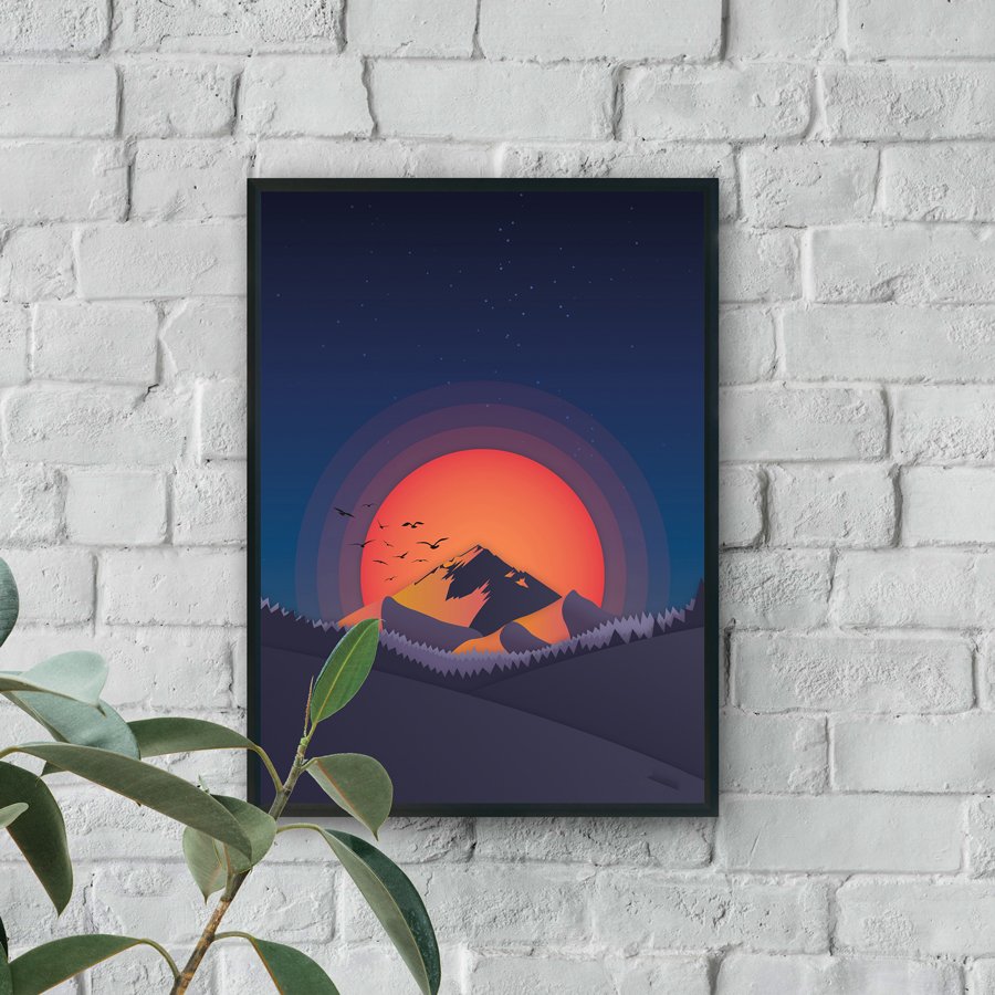 Minimalist mountain sunset modern wall art with radiant sun luxury wall decor style