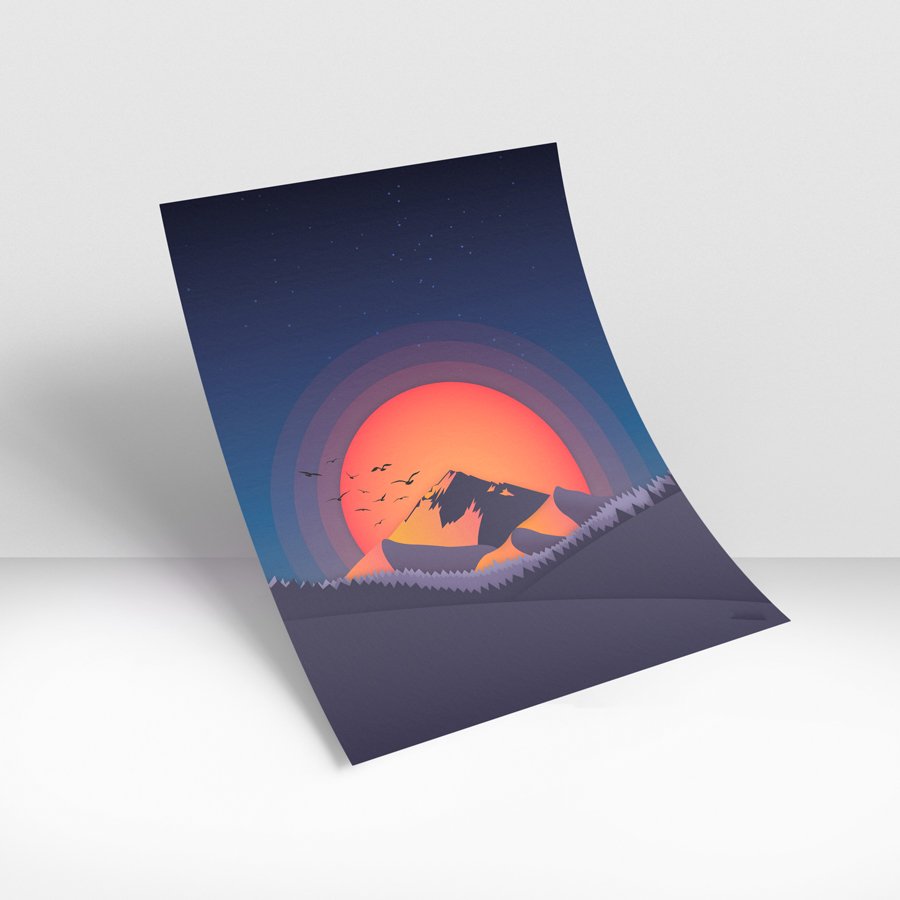 Minimalist mountain sunset modern wall art with radiant sun luxury wall decor style