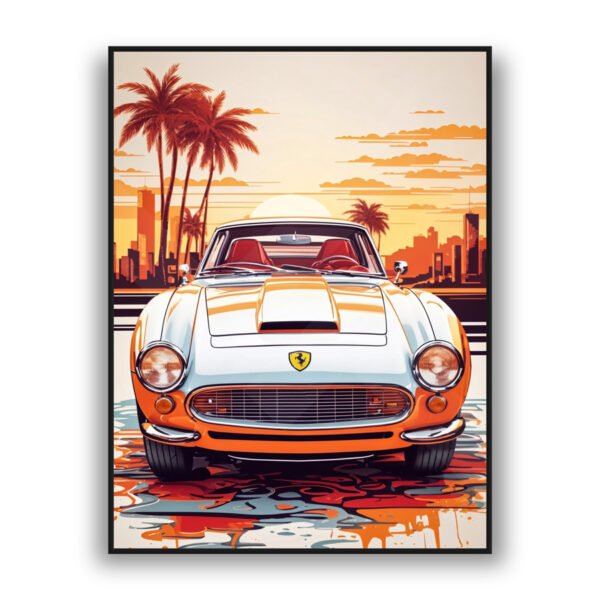 Retro supercar modern wall art with sunset skyline luxury wall decor style