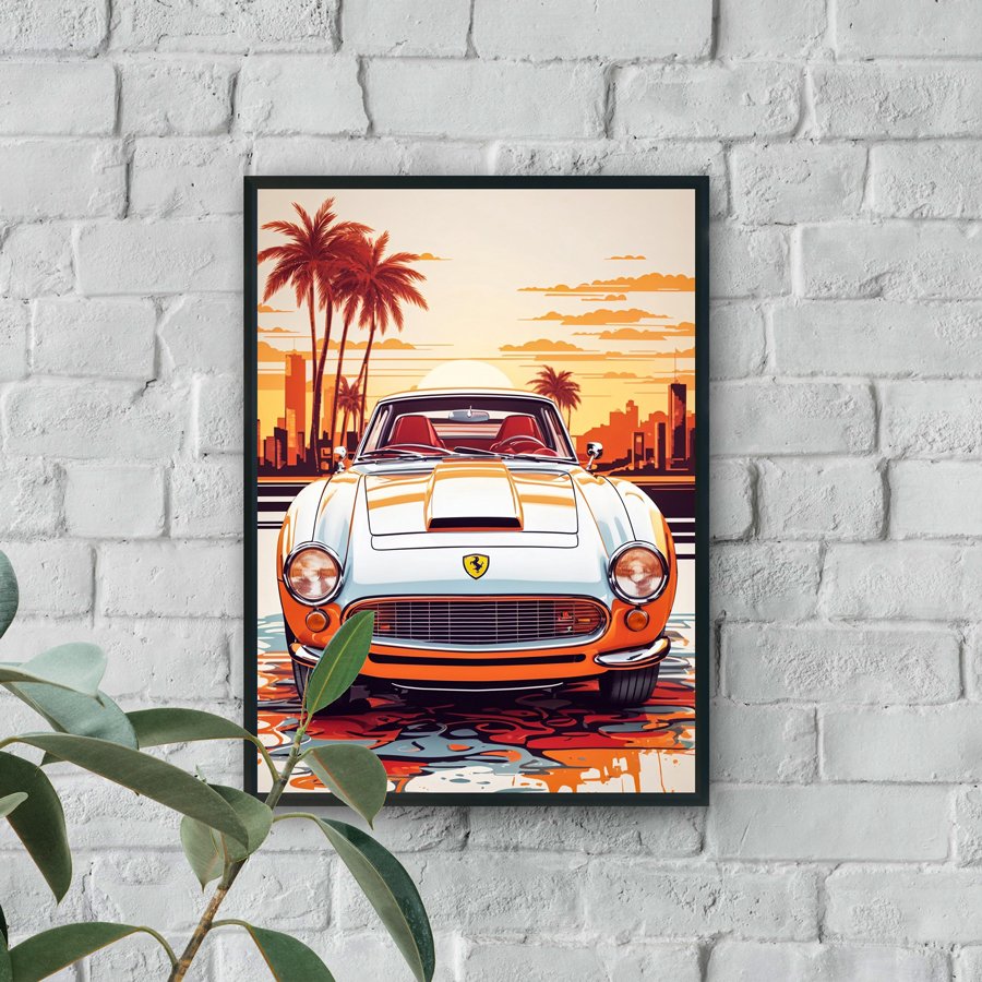 Retro supercar modern wall art with sunset skyline luxury wall decor style