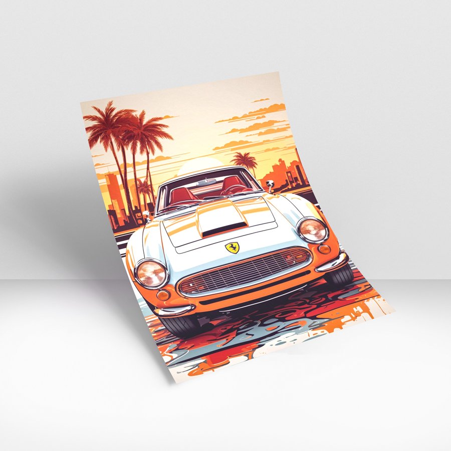 Retro supercar modern wall art with sunset skyline luxury wall decor style