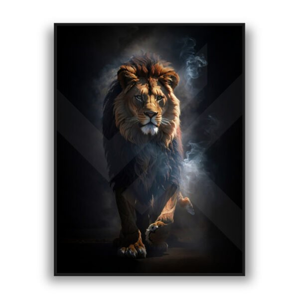 Majestic lion luxury wall art with dramatic lighting and dark modern decor style