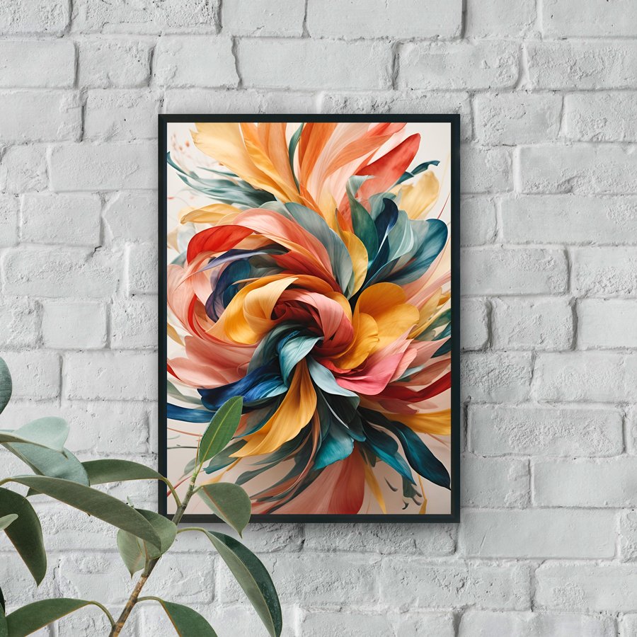 Abstract floral swirl luxury wall art with vibrant coral, teal, and gold tones for modern decor