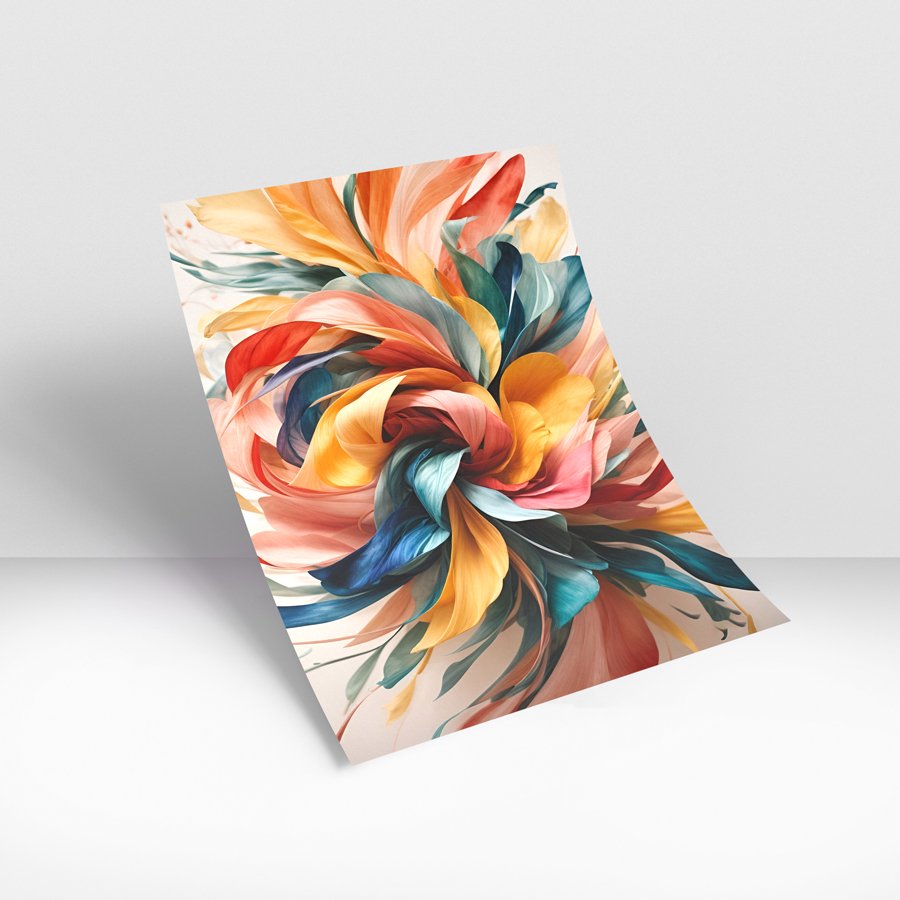 Abstract floral swirl luxury wall art with vibrant coral, teal, and gold tones for modern decor