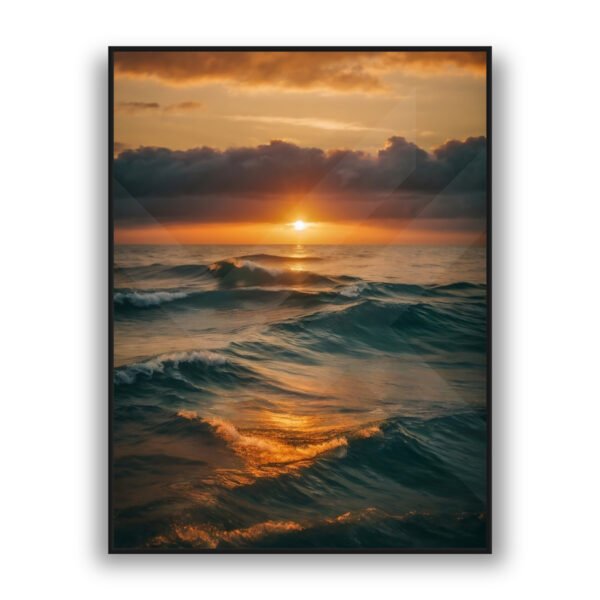 Ocean sunset landscape wall art with golden horizon and waves for serene coastal decor