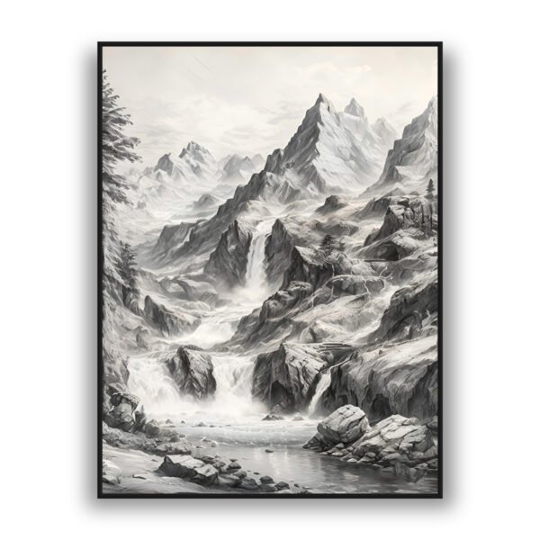 Black and white mountain landscape wall art with waterfalls and dramatic peaks for modern decor