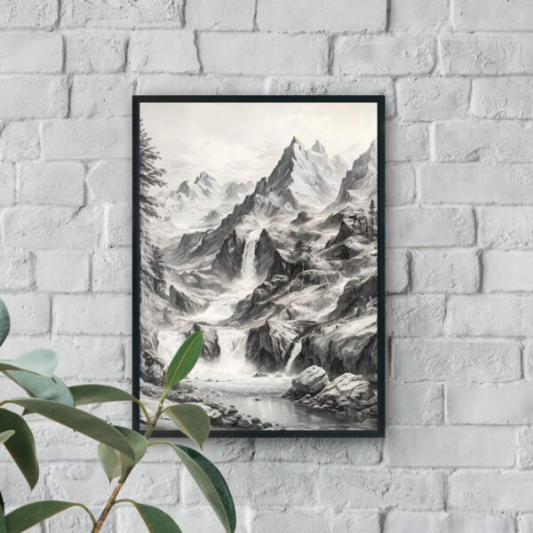 Black and white mountain landscape wall art with waterfalls and dramatic peaks for modern decor