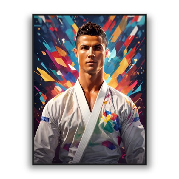 Martial arts champion portrait wall art with dynamic colorful abstract background for modern sports decor