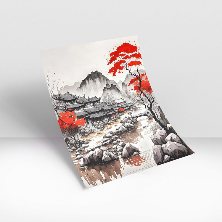 Crimson Serenity Pavilion – Luxury Oriental Landscape Wall Art - Image 3