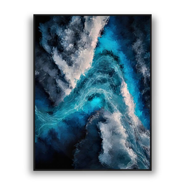 Abstract blue and turquoise painting resembling powerful ocean waves with textured brushstrokes.