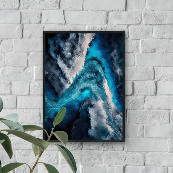 Abstract blue and turquoise painting resembling powerful ocean waves with textured brushstrokes.