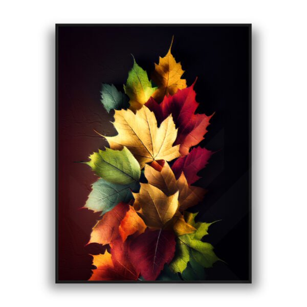 Colorful maple leaves in red, yellow, orange, and green arranged against a dark textured background.