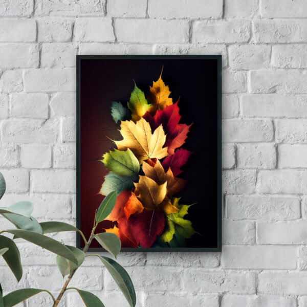 Colorful maple leaves in red, yellow, orange, and green arranged against a dark textured background.