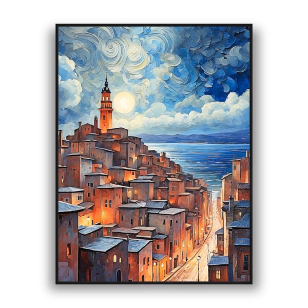 Painterly night scene of a coastal village with glowing windows, a bright full moon, and swirling blue sky above the sea.