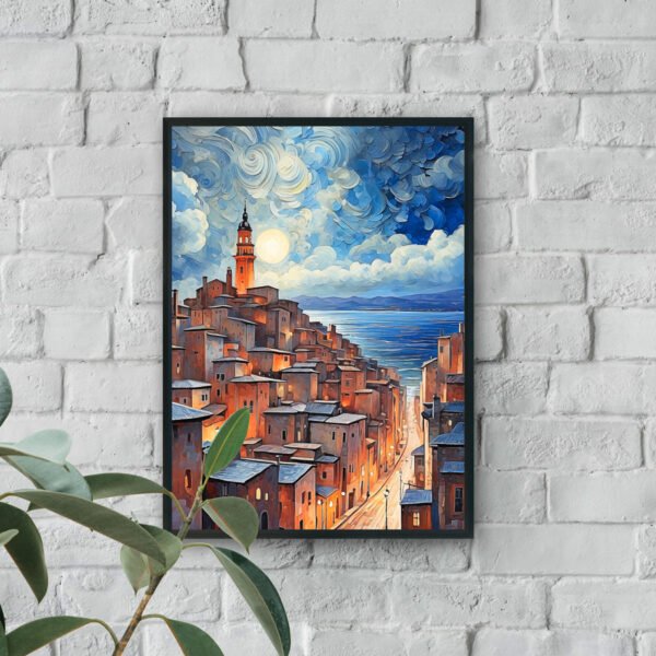 Painterly night scene of a coastal village with glowing windows, a bright full moon, and swirling blue sky above the sea.