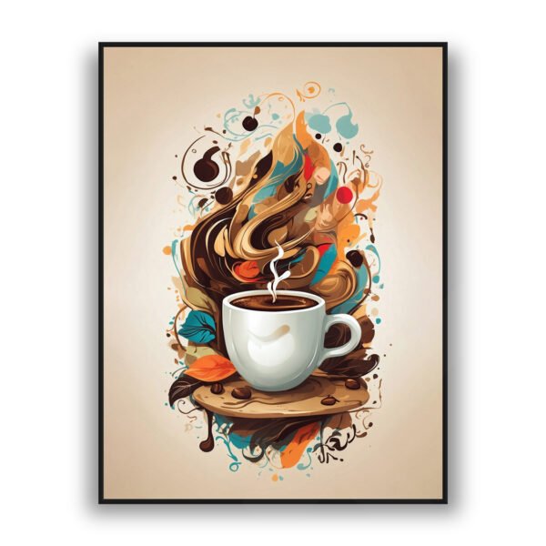 Artistic illustration of a steaming coffee cup with swirling abstract splashes, coffee beans, and leaves on a neutral background.
