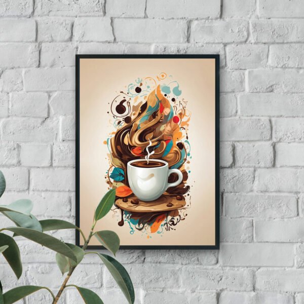 Artistic illustration of a steaming coffee cup with swirling abstract splashes, coffee beans, and leaves on a neutral background.