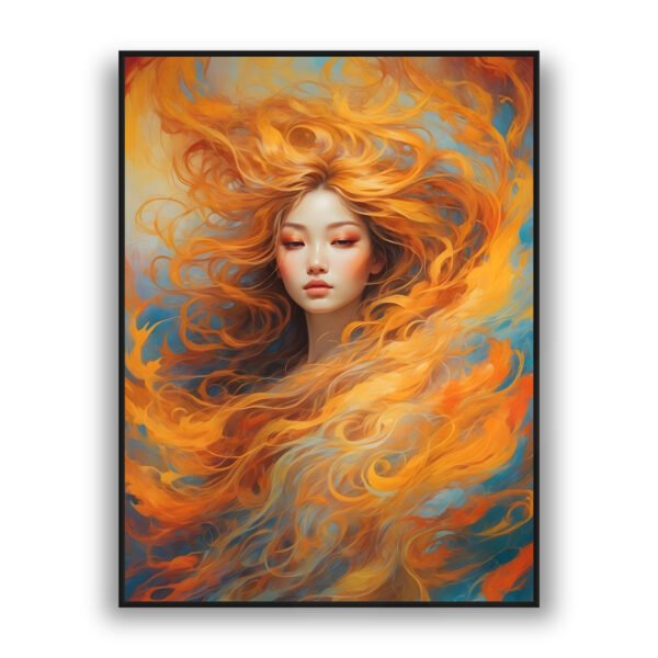 Artistic portrait of a woman with flowing fiery orange hair blending into swirling abstract flames on a blue background.