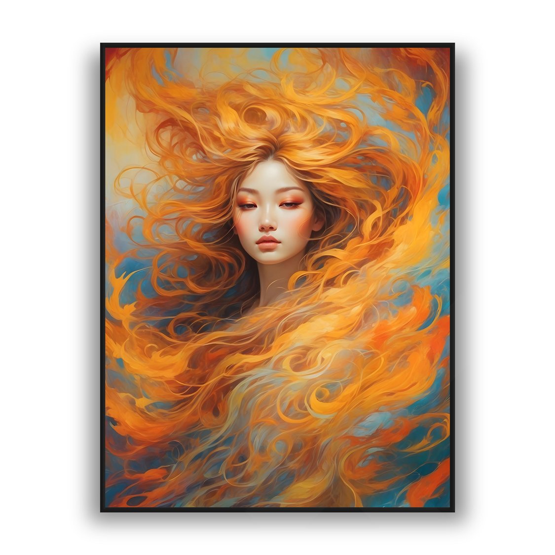 Artistic portrait of a woman with flowing fiery orange hair blending into swirling abstract flames on a blue background.