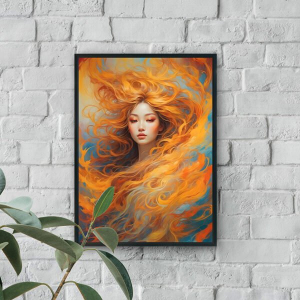 Artistic portrait of a woman with flowing fiery orange hair blending into swirling abstract flames on a blue background.