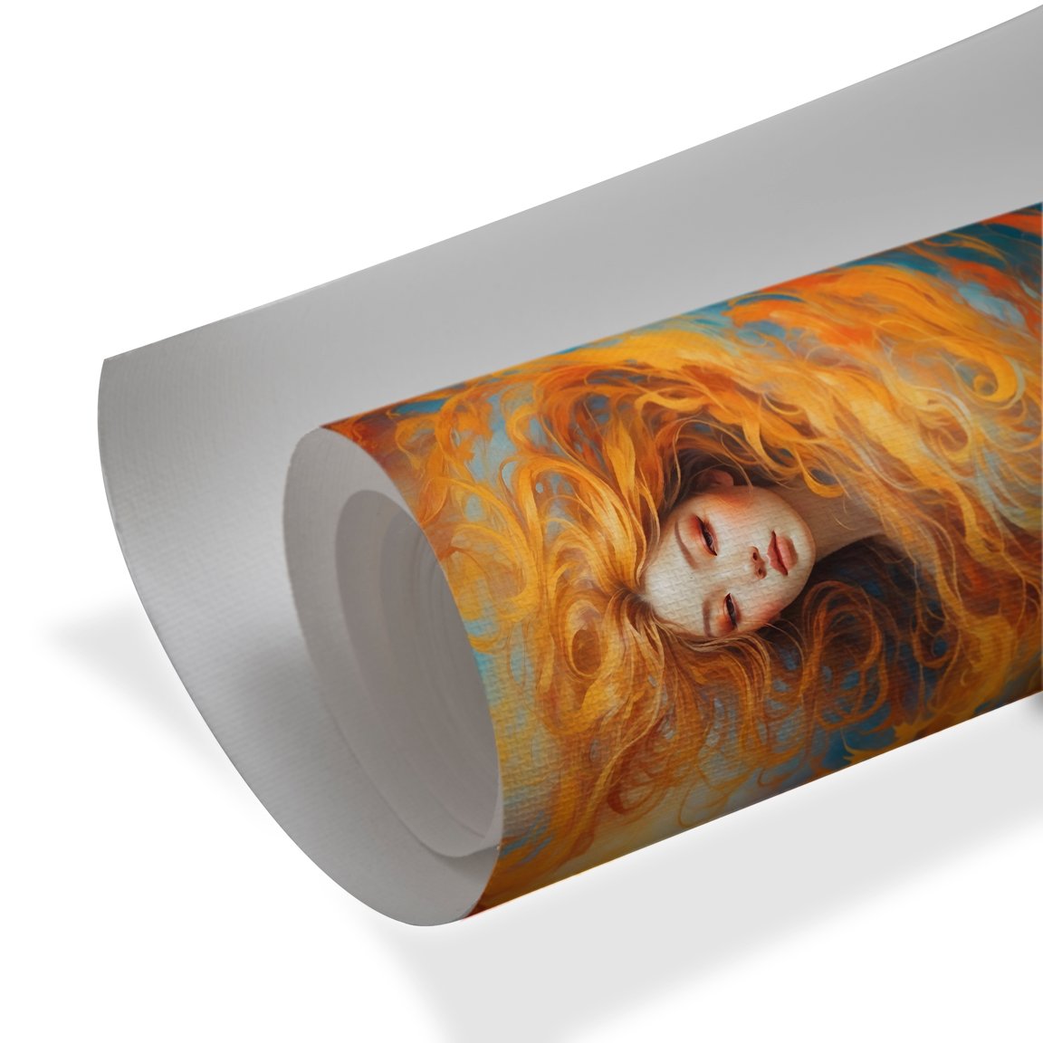 Artistic portrait of a woman with flowing fiery orange hair blending into swirling abstract flames on a blue background.