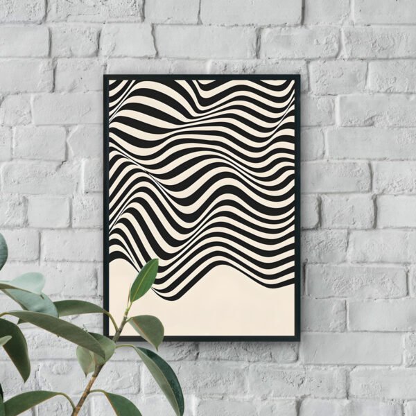 Modern abstract wall art with flowing black and ivory wave patterns creating a dynamic monochrome design.
