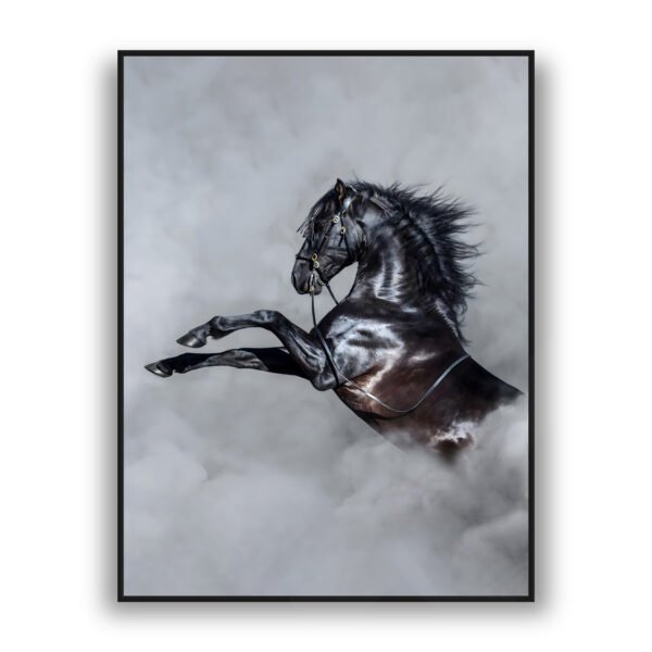 Black stallion rearing in mist with flowing mane against a soft gray background, framed modern wall art.