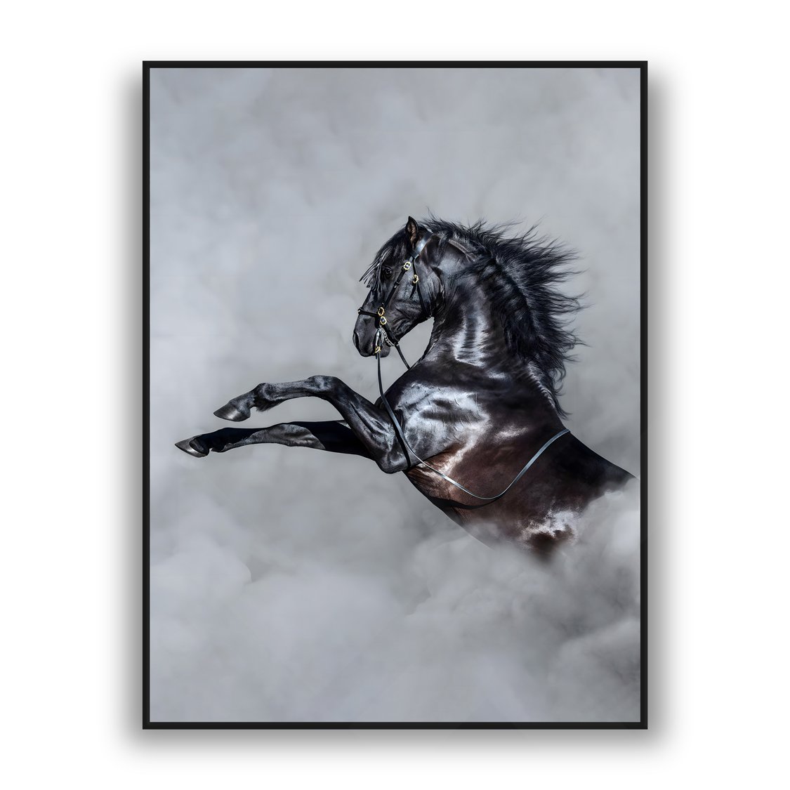 Black stallion rearing in mist with flowing mane against a soft gray background, framed modern wall art.