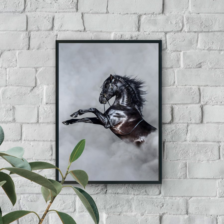 Black stallion rearing in mist with flowing mane against a soft gray background, framed modern wall art.