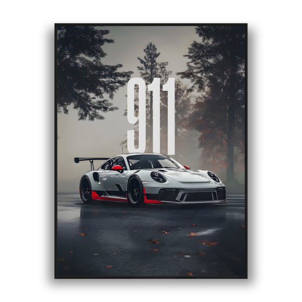 Framed wall art of a sleek high-performance sports car with red accents and large 911 text in a misty forest setting.