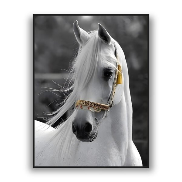 Framed wall art of a white stallion portrait with flowing mane and gold-accented bridle against a blurred gray background.
