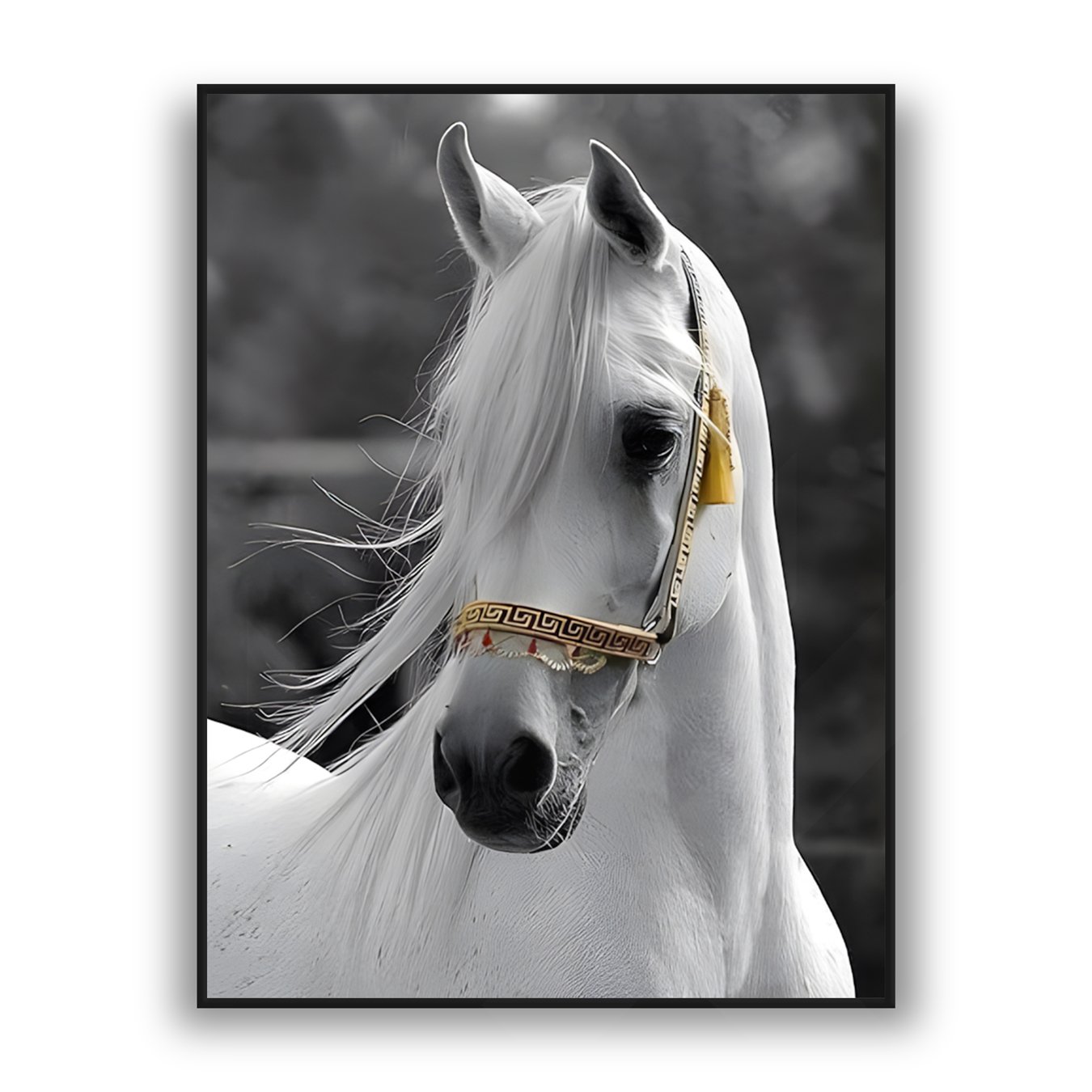 Framed wall art of a white stallion portrait with flowing mane and gold-accented bridle against a blurred gray background.