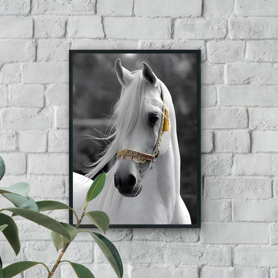Framed wall art of a white stallion portrait with flowing mane and gold-accented bridle against a blurred gray background.