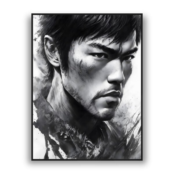 Black and white artistic portrait of a focused man with dramatic brushstroke textures and high-contrast shading.