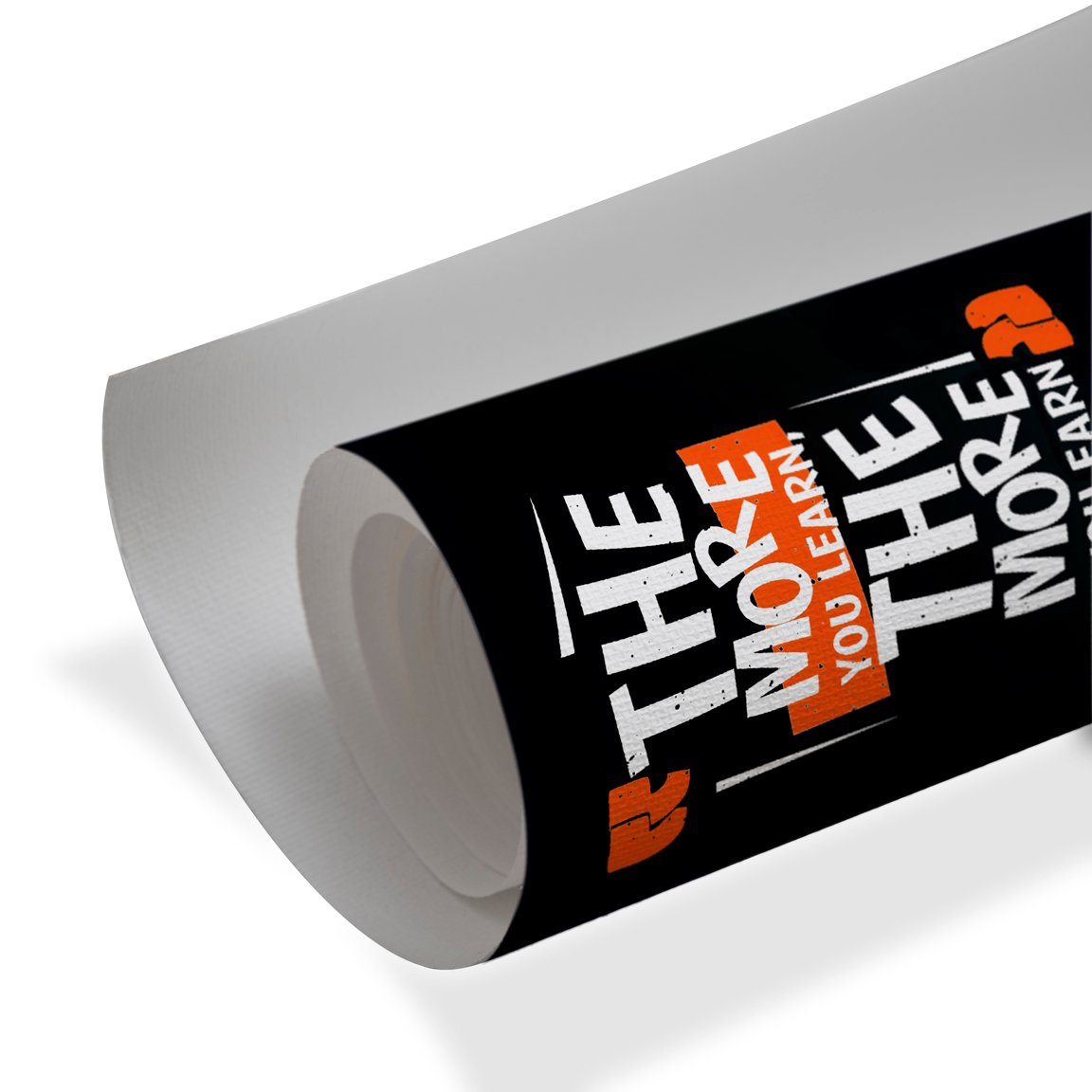 Motivational typography wall art with the quote The more you learn, the more you earn in white and orange text on a black background.