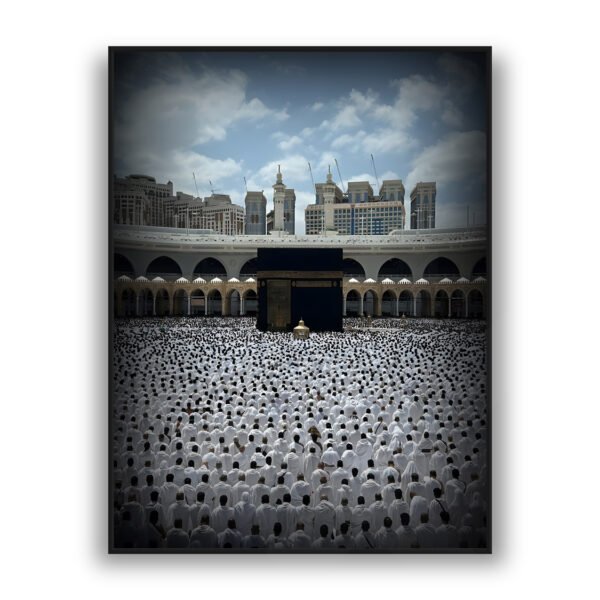 Wall art showing thousands of worshippers in white gathered around the Holy Kaaba at Masjid al-Haram under a blue sky.