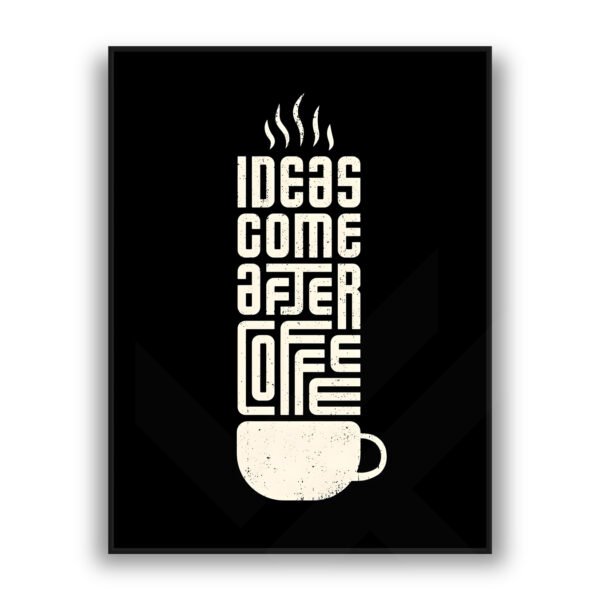 Minimalist black wall art with cream text reading Ideas Come After Coffee shaped like a coffee cup with steam rising above it.